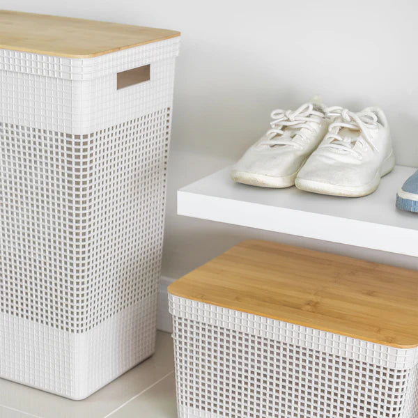 Kit de cestos organizadores com tampa de bambu 3 peças Linha Grid