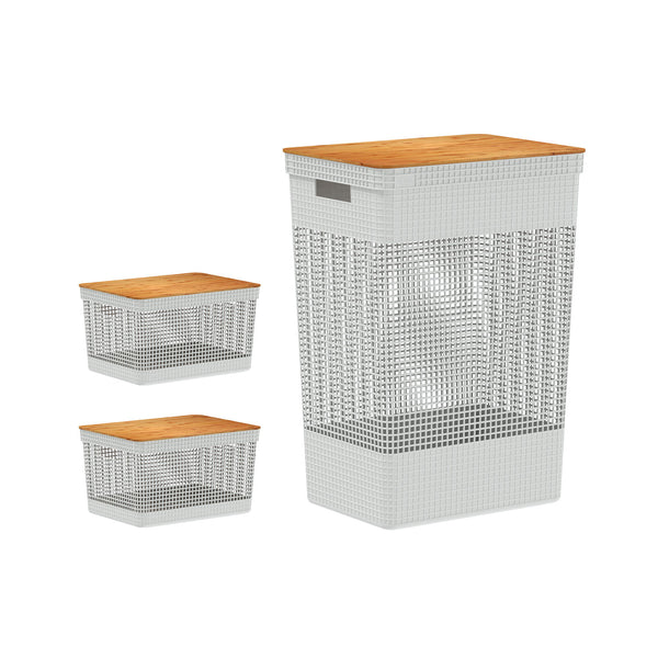 Kit de cestos organizadores com tampa de bambu 3 peças Linha Grid