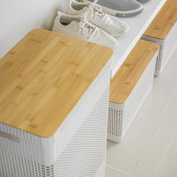 Kit de cestos organizadores com tampa de bambu 3 peças Linha Grid