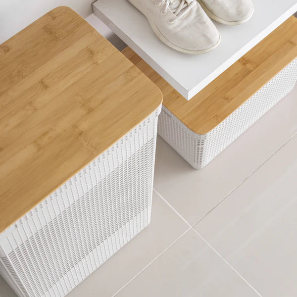 Kit de cestos organizadores com tampa de bambu 3 peças Linha Grid